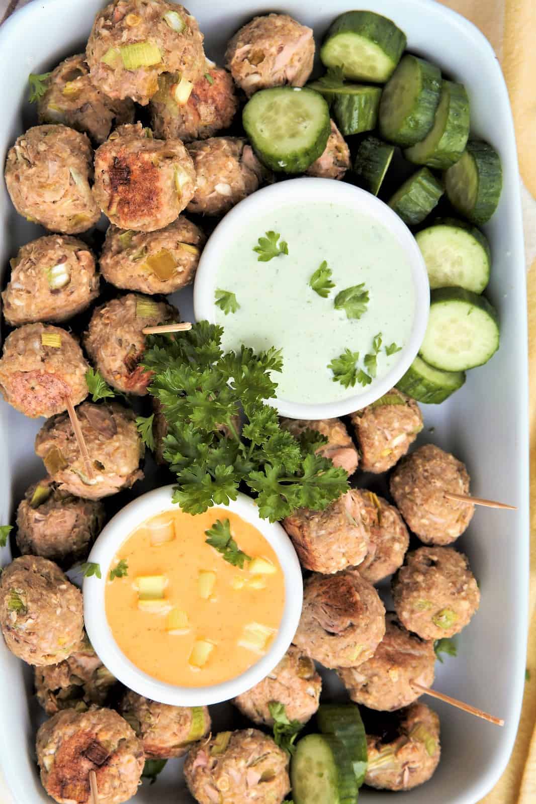 Vegan Meatball Appetizers With Cucumber Dill Dip