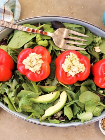 4 Tuna Egg Salad Stuffed Peppers on bed of greens