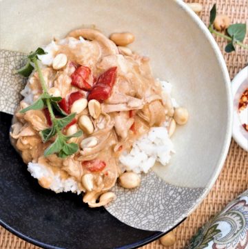 Instant Pot Spicy Peanut Chicken served on plate with rice